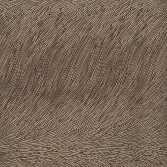 Woven fabric sample, brown and beige, with dense irregular linear pattern and subtle sheen; label reads “turri > fabric cat. b > 725 a.”