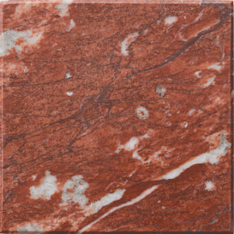Reddish-brown marble tile with creamy white veining, fossil inclusions, polished surface, and diagonal fracture lines; labeled “turri > marble cat.2 > 201m rosso francia”.