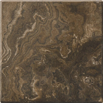 Marble texture sample with swirling brown and beige tones, creamy white veins, polished finish, dark border, and product code text.