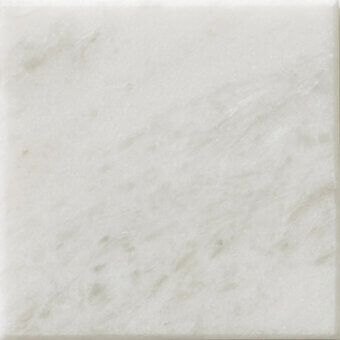 White marble tile sample with beige and light gray veining, polished surface, squared edges, and a fine-grained, organic pattern.