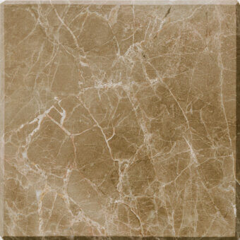 Emperador light marble tile sample, polished beige and tan veins, square format with dark gray border, diffused lighting, natural pattern.