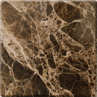Brown marble tile sample with light veins, polished surface, and crystalline texture; labeled “turri > marble cat.3 > 302m emperador.”