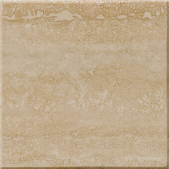Travertine tile sample, warm beige with cream and tan veins, exhibiting irregular swirling patterns and a matte, porous texture.
