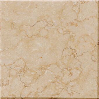 Beige marble tile sample with irregular brown and tan veining, polished finish, and light-colored inclusions displaying a natural stone texture.