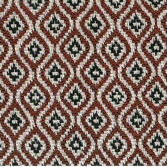 Terracotta geometric fabric sample with diamond motifs, woven texture, off-white and black threads; Varaschin Gemma D172 corallo textile.