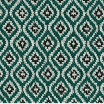 Emerald green geometric fabric with diamond and floral motifs, dense weave, subtle sheen, symmetrical grid pattern, Varaschin Gemma D173 Smeraldo.