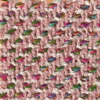 Woven fabric texture, blush pink and cream, irregular pattern with turquoise, gold, magenta threads; Adele 15062, Vezzelloni collection.