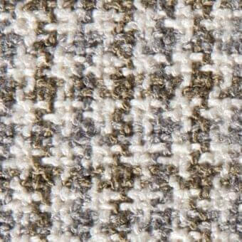 Glen plaid fabric texture, off-white and light gray wool blend, with brown and gold flecks, dense weave, irregular pile, verzelloni collection.