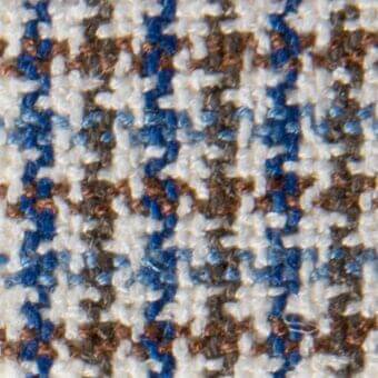 Glen plaid fabric sample, off-white and blue, dense woven texture with brown threads, verzelloni collection fabric (special).