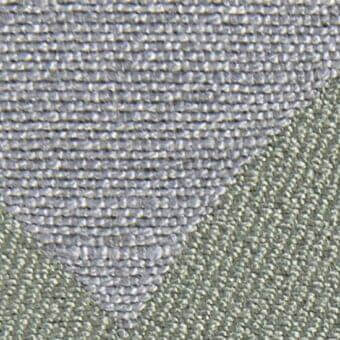 Fabric texture sample with gray ribbed and muted olive-green granular weaves, diagonally divided with matte finish and printed label.