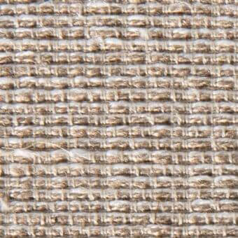 Woven textile sample featuring horizontal stripes in beige, brown, and gray jute fiber with a nubby texture and flecked pattern.