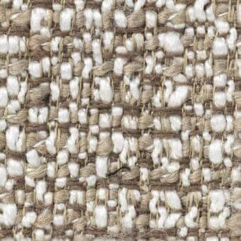 Woven tweed fabric texture, off-white and brown shades, irregular nubby yarns, loose weave, horizontal warp lines, verzelloni Zambesi 17011.