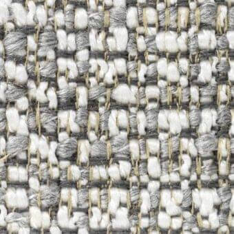 Woven tweed fabric texture, white, gray, and beige tonal pattern, dense irregular grid with nubby yarns, “Zambesi 17014” verzelloni collection.