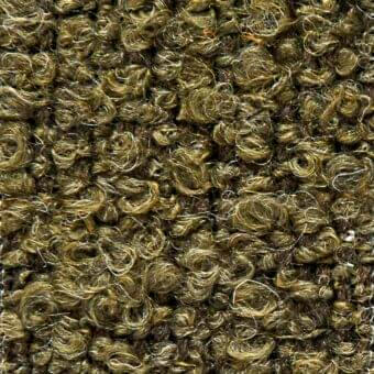 Textured fabric surface in olive green and brown tones, displaying a dense, coiled fibrous pattern with integrated material labels.
