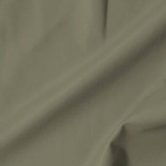 Vismara leather swatch, olive-green smooth finish, soft extra quality, with visible texture and product label detailing material categorization.