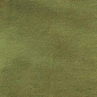 Olive-green matt velour fabric texture with a short, dense pile and woven construction, displaying subtle tonal variations and printed text.